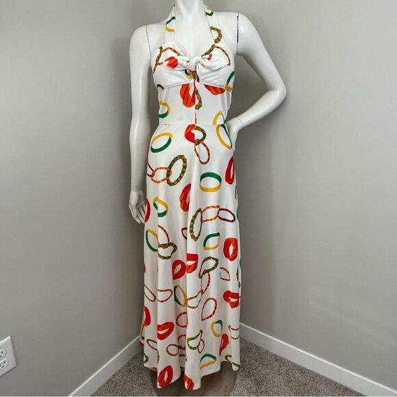 Vintage Dresses & Skirts - VINTAGE 1960s 70s Knot Tie Front Halter Neck White Ring Print Maxi Dress